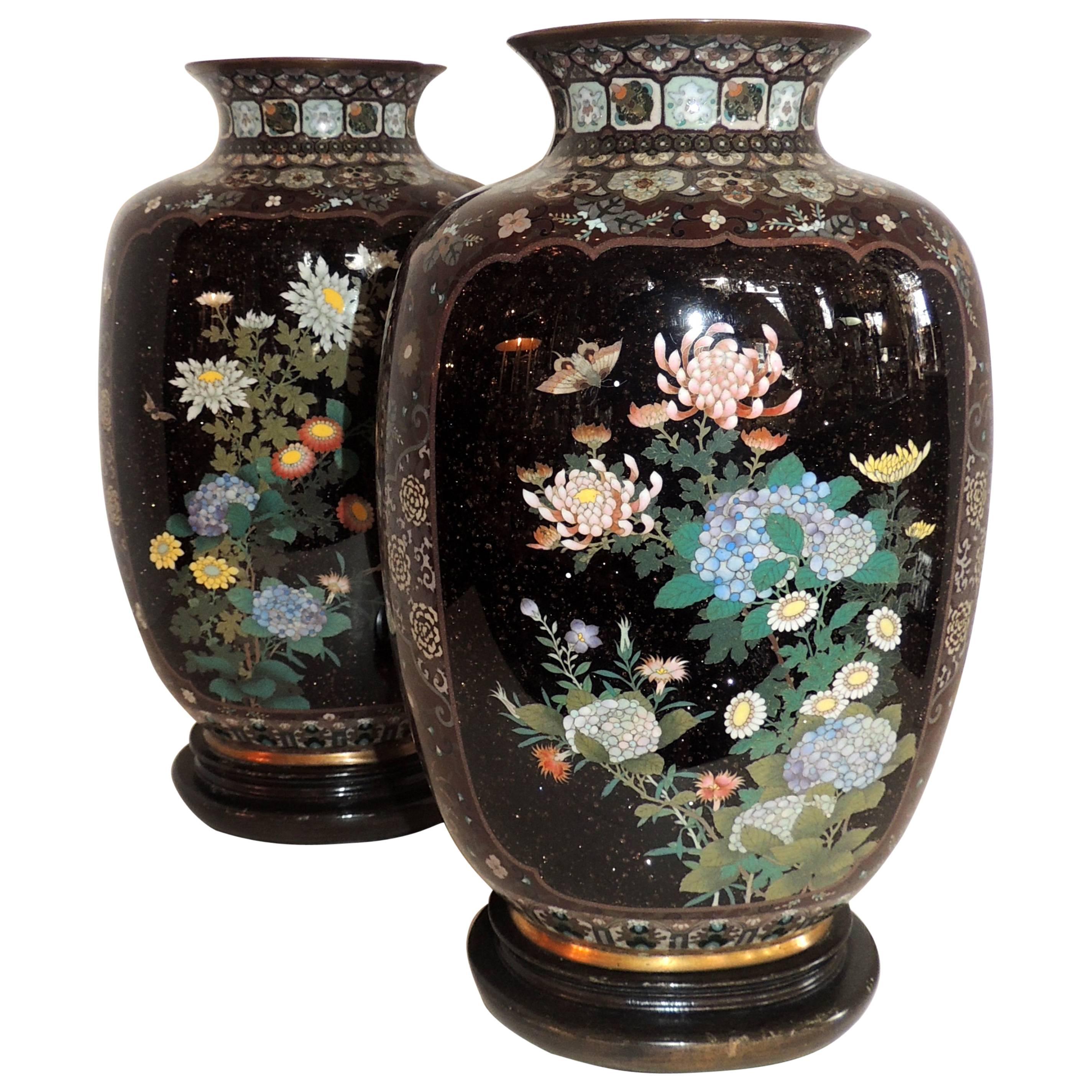 Wonderful Pair of Fine Japanese Meiji Cloisonne Enameled Vases Urn Form Lamps