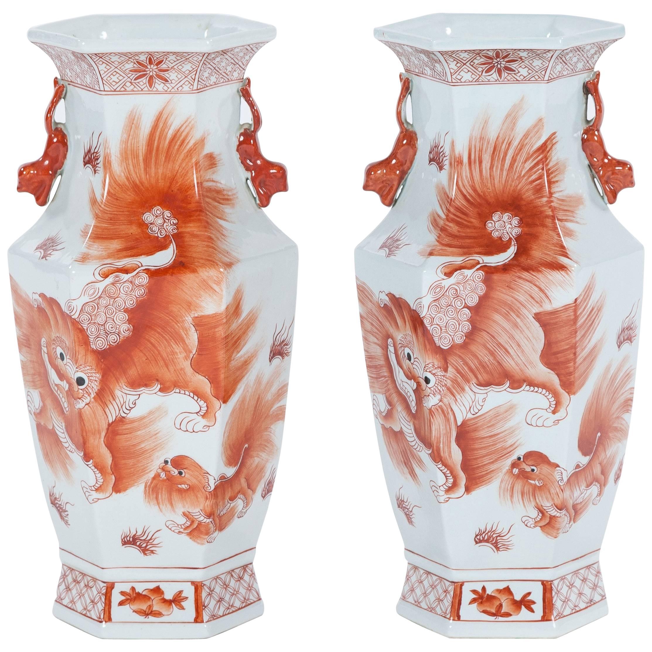 Pair of Vintage Orange and White Chinese Porcelain Vases, Early 20th Century For Sale