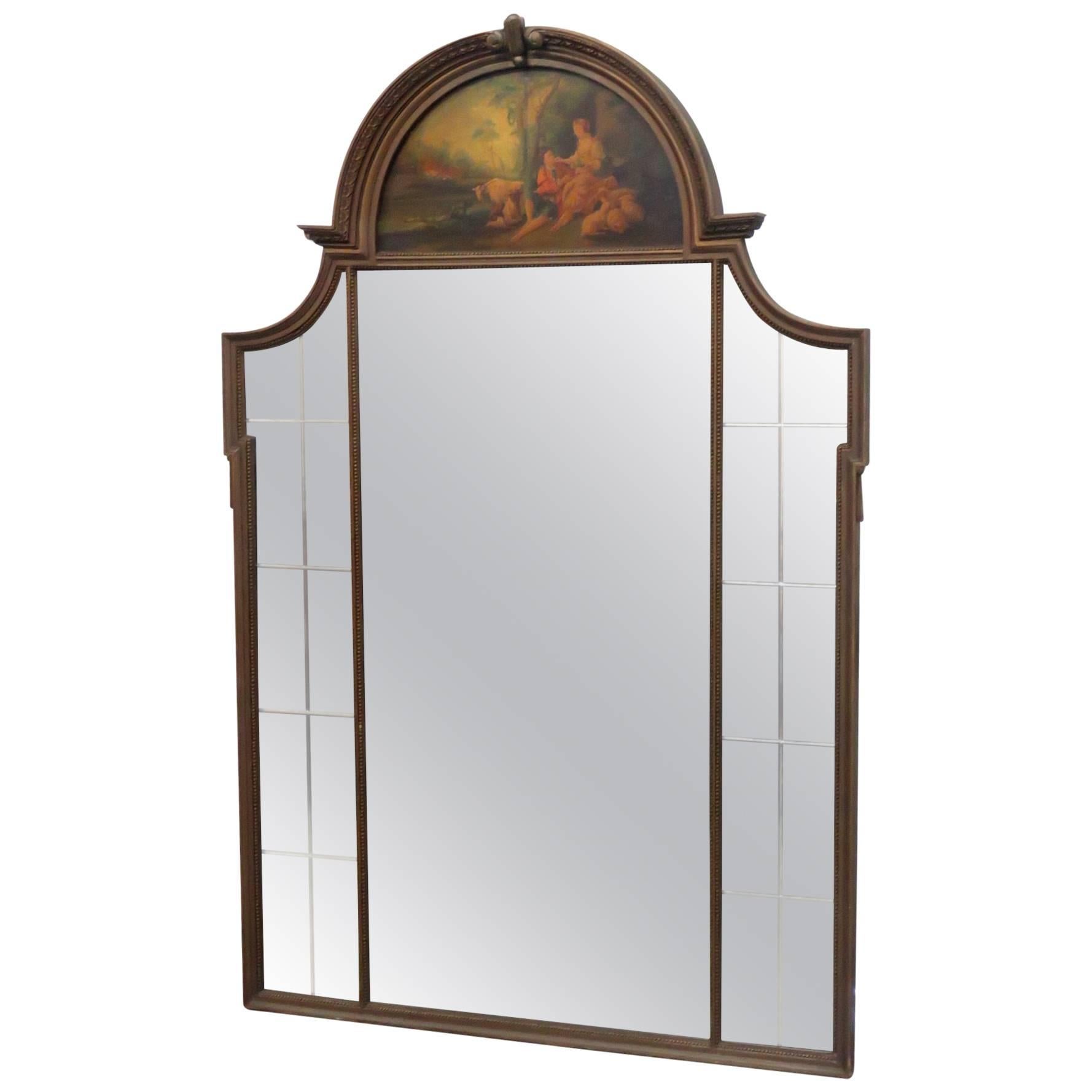 Miroir Trumeau français de style Louis XV avec peinture à l'huile d'une scène de peinture au pastel en vente