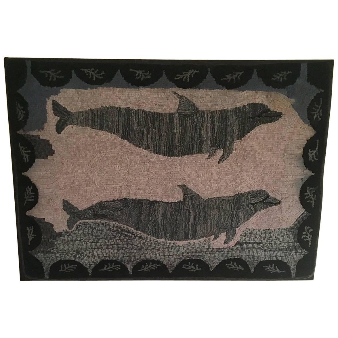 Large Early 20th Century Dolphin Hooked Rug