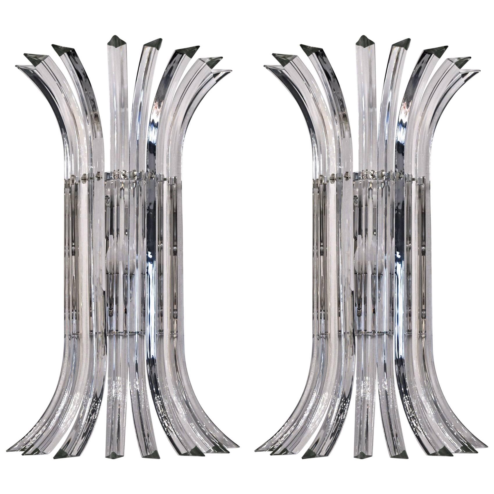 Pair of Tall Eight-Element Clear Murano Glass Triedri Sconces, 1980s