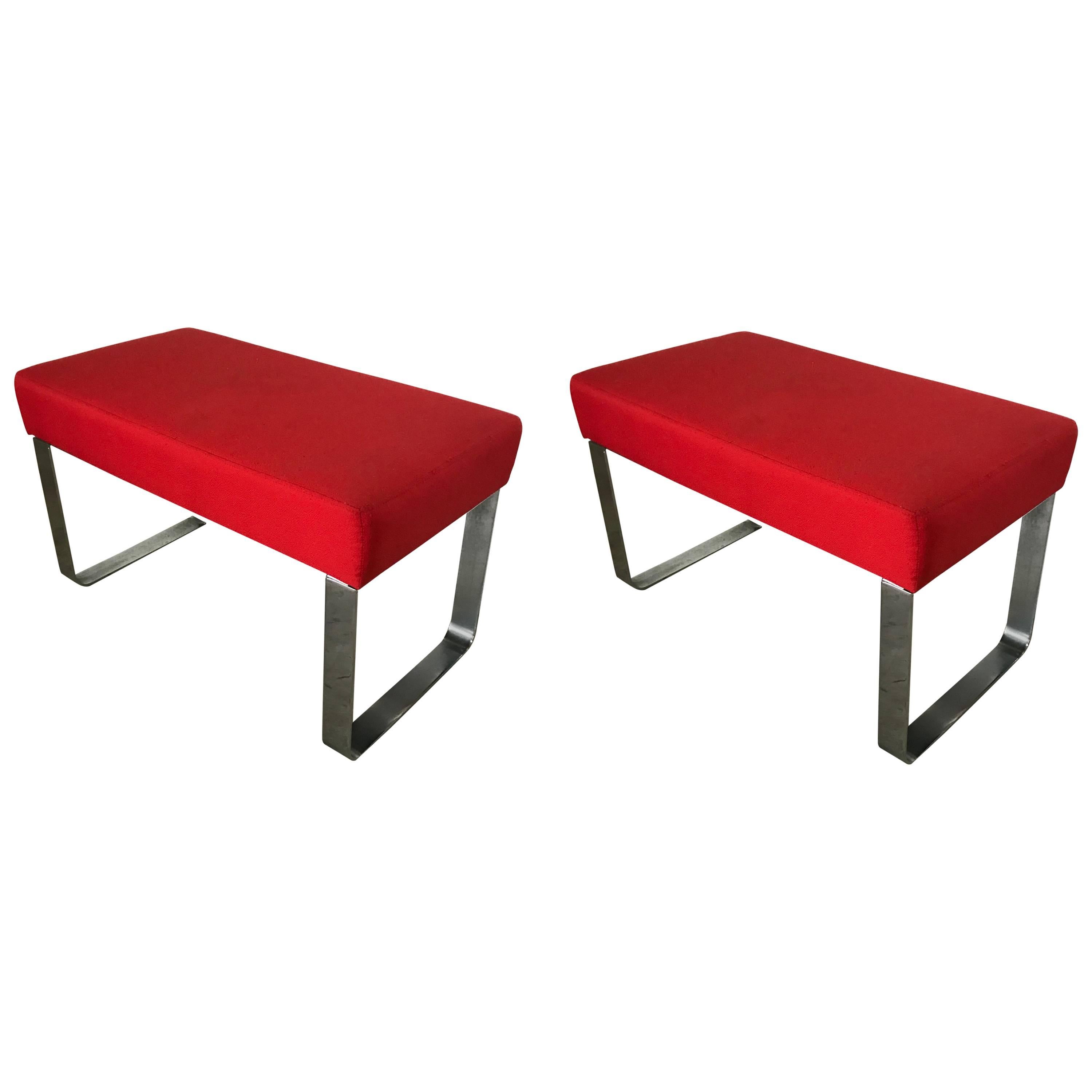 Modern Chrome and Red Bench or Stool Milo Baughman or Pace Style