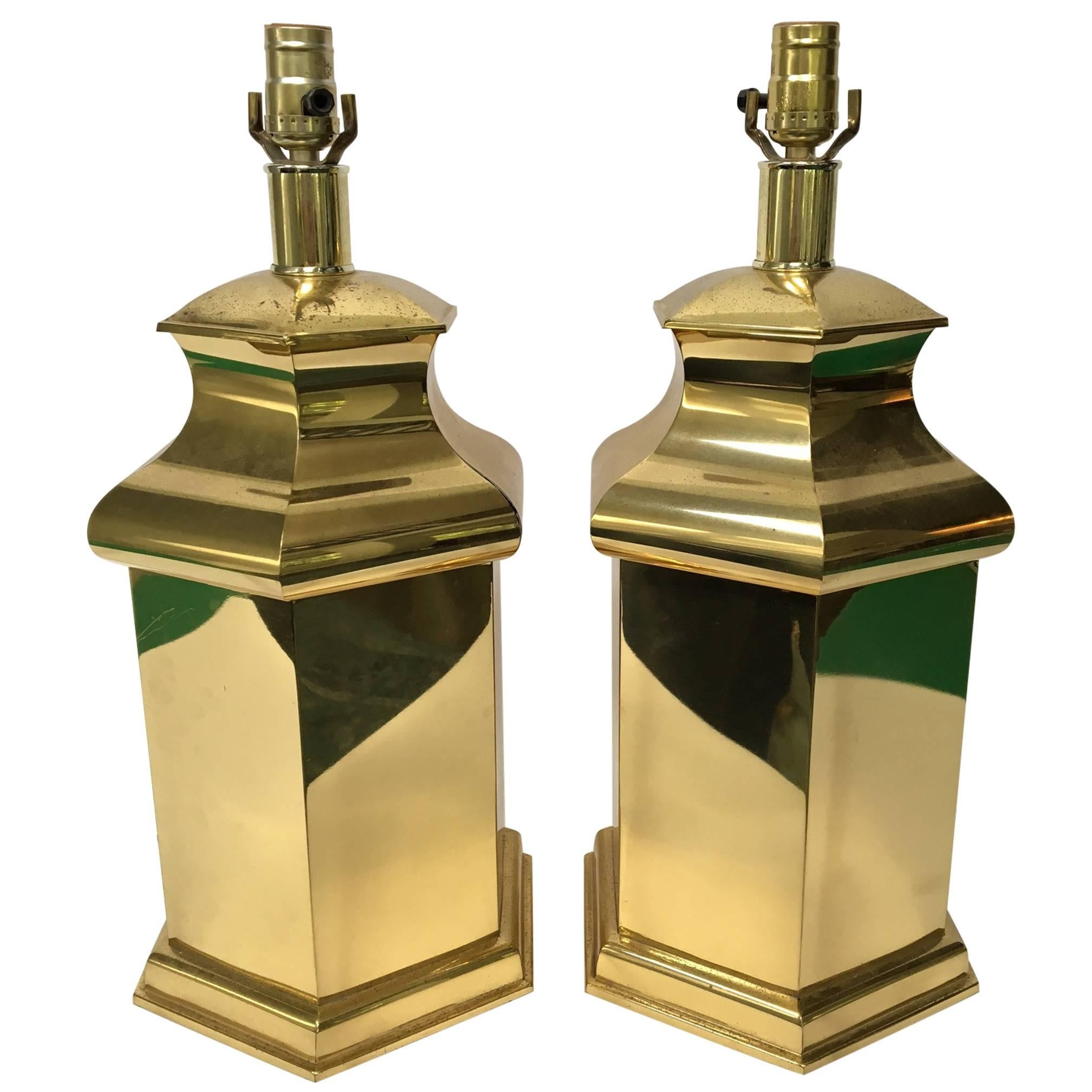 Hollywood Regency Brass Canister Table Lamps