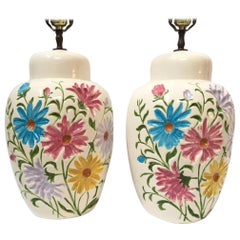 Hollywood Regency Floral Relief Ceramic Table Lamps