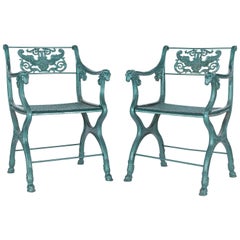 Antique Pair of Classic Roman-Style English Cast Iron Garden Chairs, 19th Century