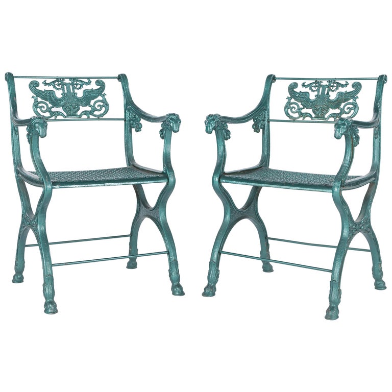 Pair Of Classic Roman Style English Cast Iron Garden Chairs 19th Pair Of Classic Roman Style English Cast Iron Garden Chairs 19th Century For