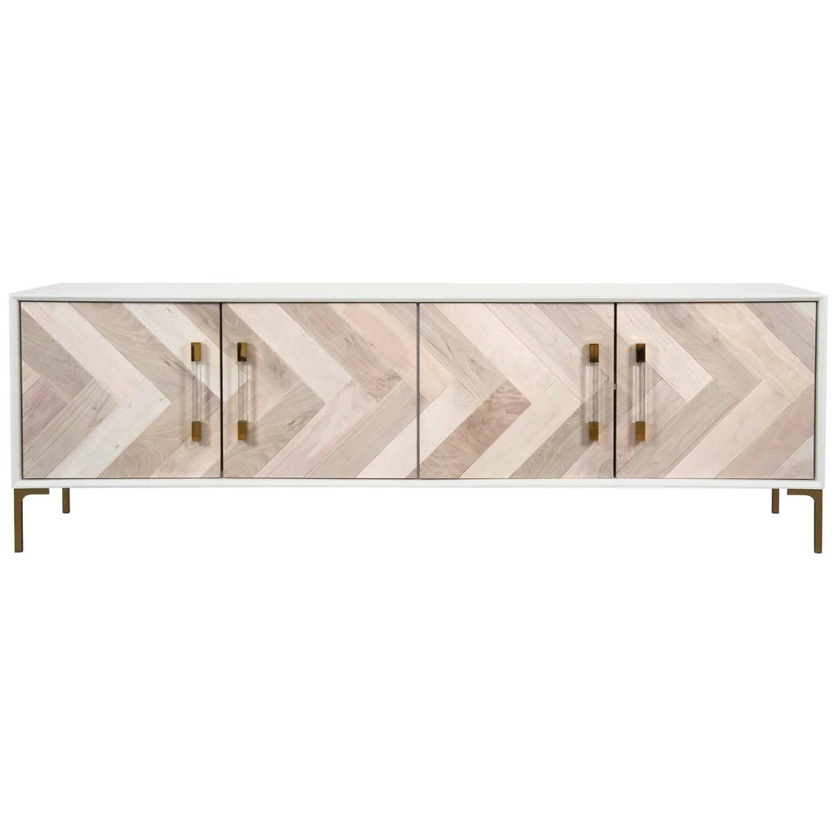 Mid-Century Style Bleached Walnut Storage Credenza with Lucite & Brass Hardware For Sale