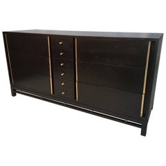 Mid-Century Black and Brass Ten-Drawer Dresser