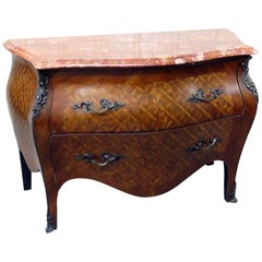 Vintage Inlaid Kingwood French Louis XV Style Marble Top Marquetry Commode Dresser
