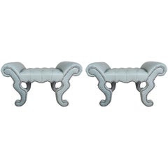 Pair of Custom Aqua Tufted Benches with Silver Nails by Melissa Levinson