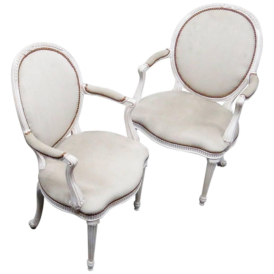 Pair of Cameo Back Gustavian Swedish Paint Decorated Armchairs