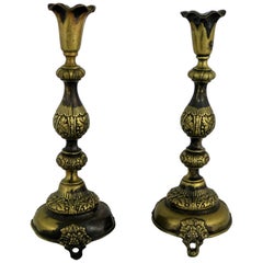 Fraget N Plaque Sabbath Candlesticks 19th Century Judaica a Pair