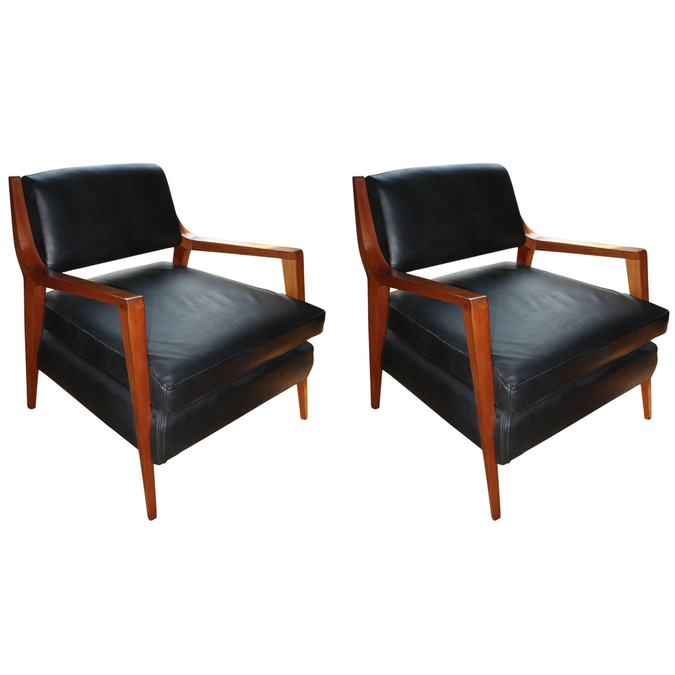 Pair of Van Beuren Chairs of Mahogany Wood with Black Leather Seats