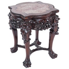 Antique Chinese Carved Rosewood and Marble Inlay Stool Side/Accent Table