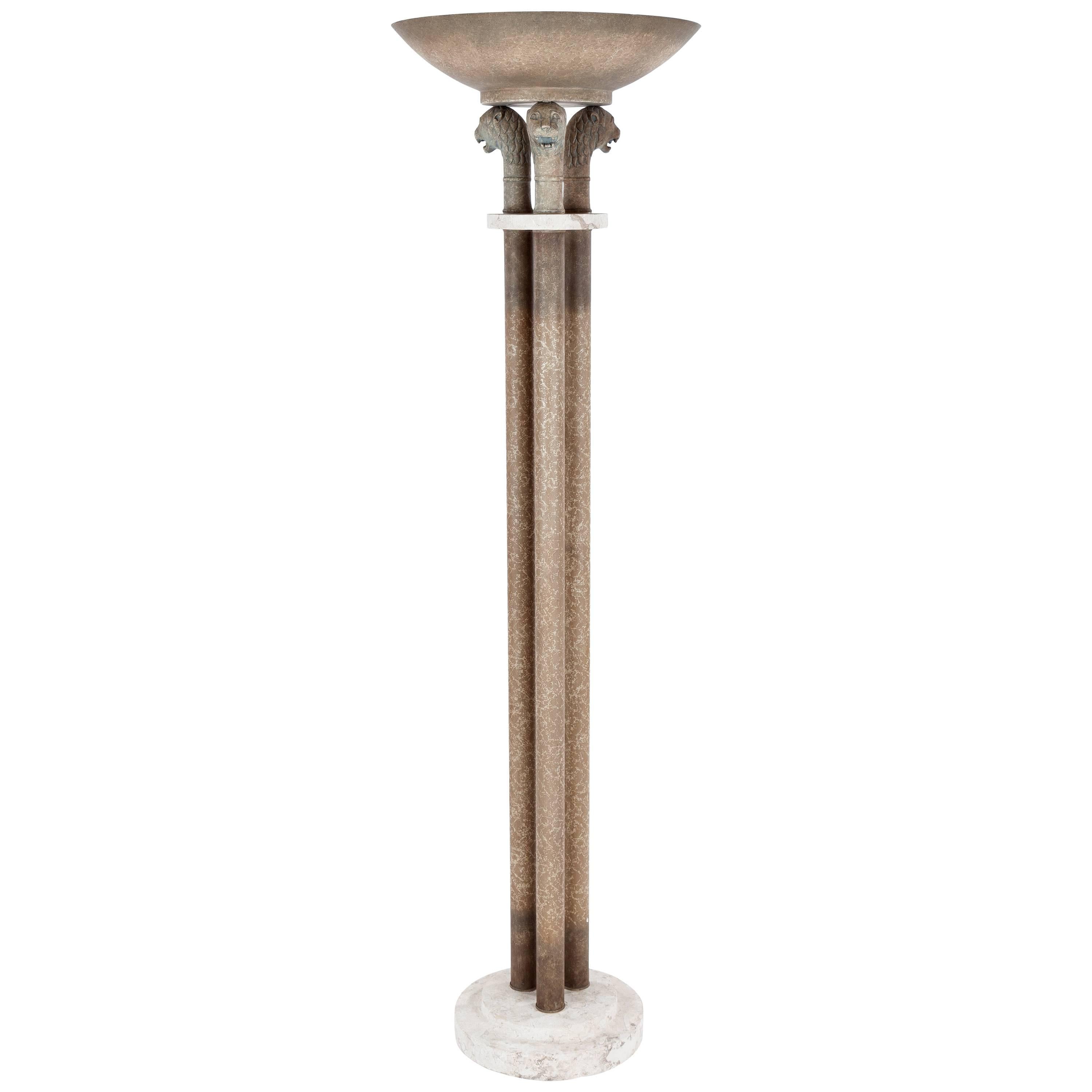 Vintage Mid-Century Modern Faux Stone Column Torchiere Lamp with Lion Heads For Sale