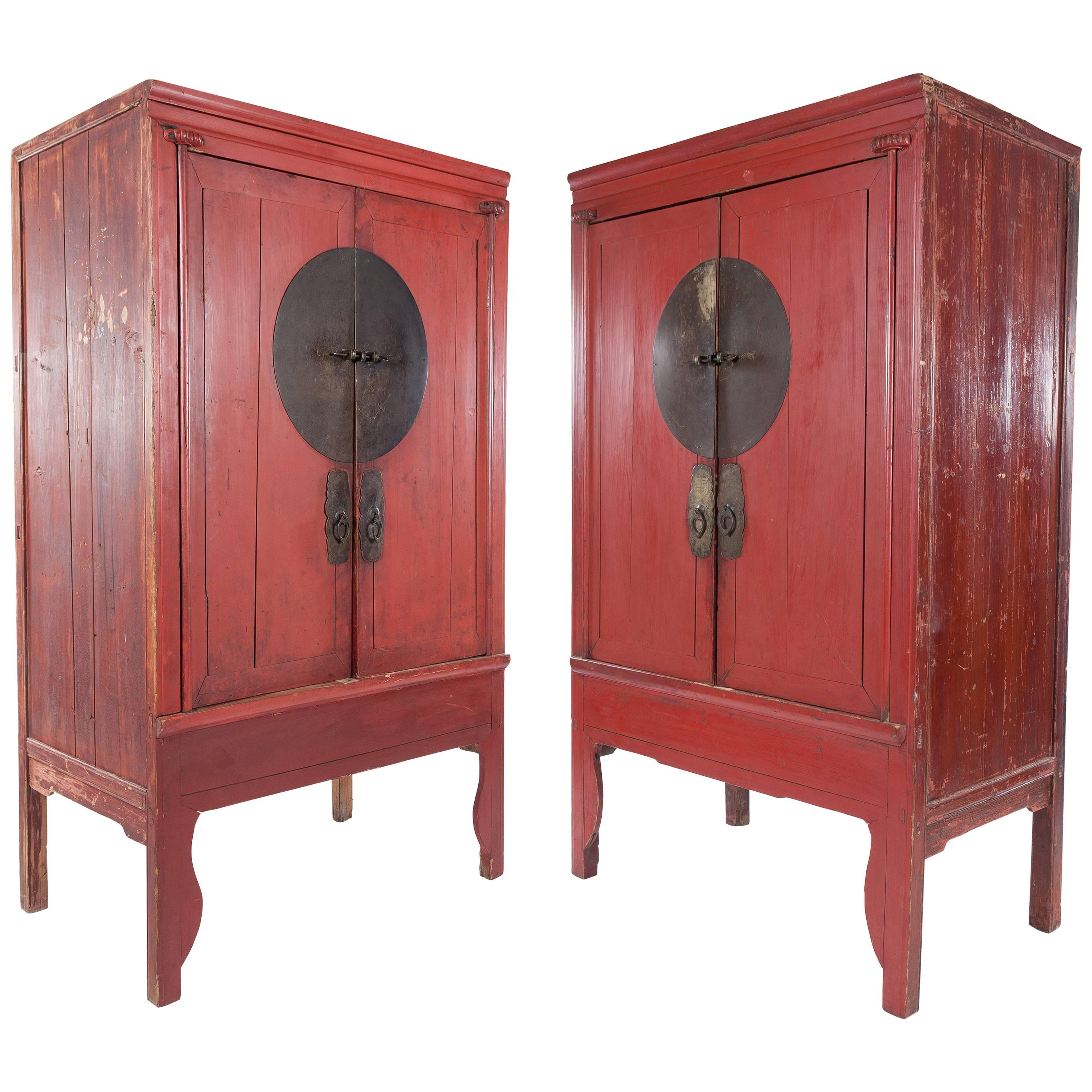 Pair of Antique Red Lacquer Ming-Style Chinese Wardrobe or Armoire Cabinets For Sale
