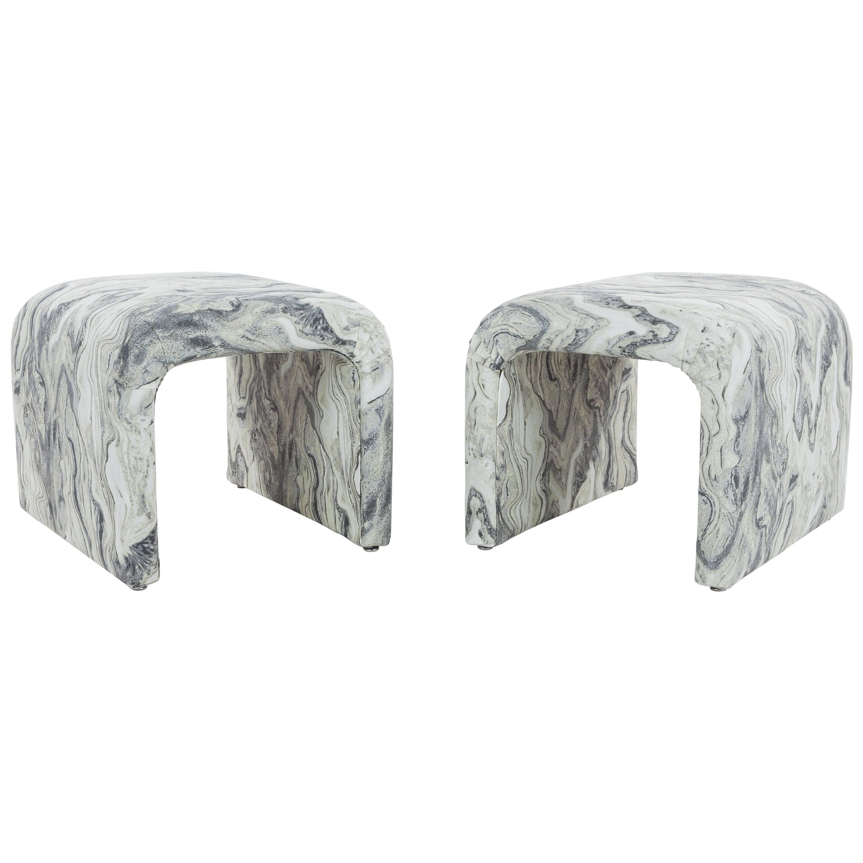 Pair of Vintage Waterfall Ottomans in New Marbleized Fabric For Sale