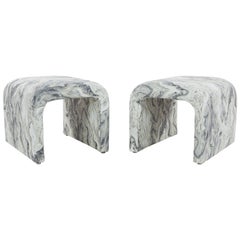 Pair of Vintage Waterfall Ottomans in New Marbleized Fabric