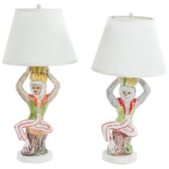 Pair of Retro Ceramic Monkey Lamps with Cream Silk Shades, Late 20th Century