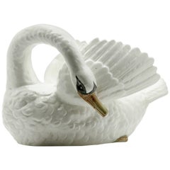 Large Majolica White Swan Jardiniere Stamped Imperiale Nimy Belgium, circa 1900