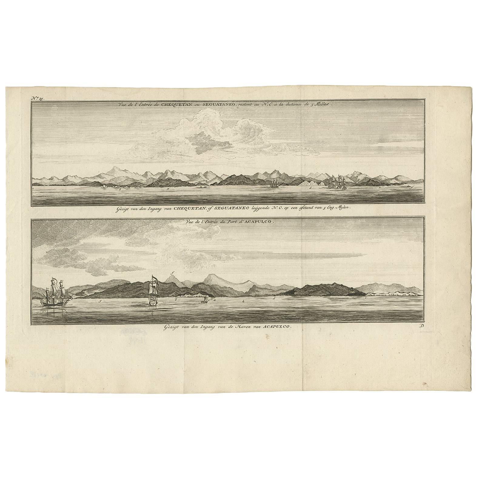 Antique Print of Zihuatanejo and the harbour of Acapulco by Anson (c.1760) For Sale