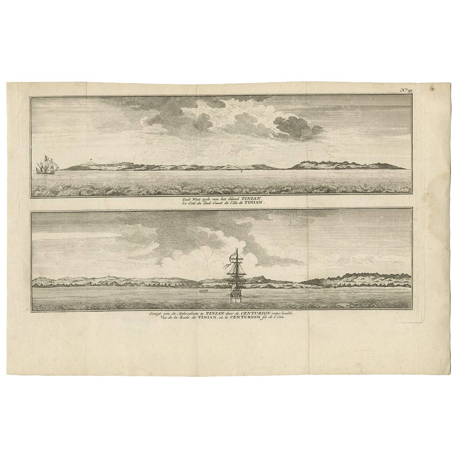 Impression ancienne avec vues de l'île de Tinian par Anson (vers 1760)
