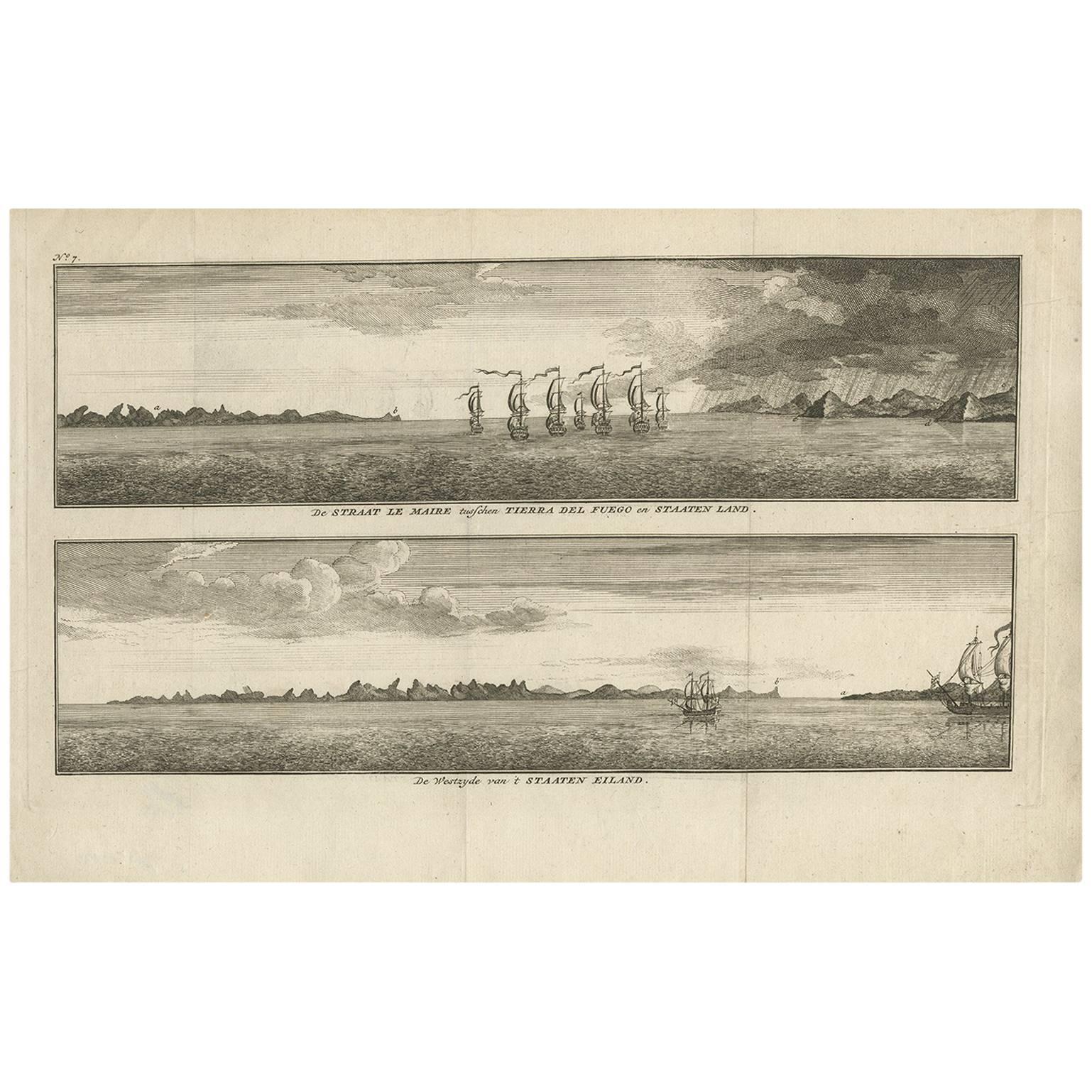 Impression ancienne avec vues de Staten Island et Tierra del Fuego par Anson (vers 1760)