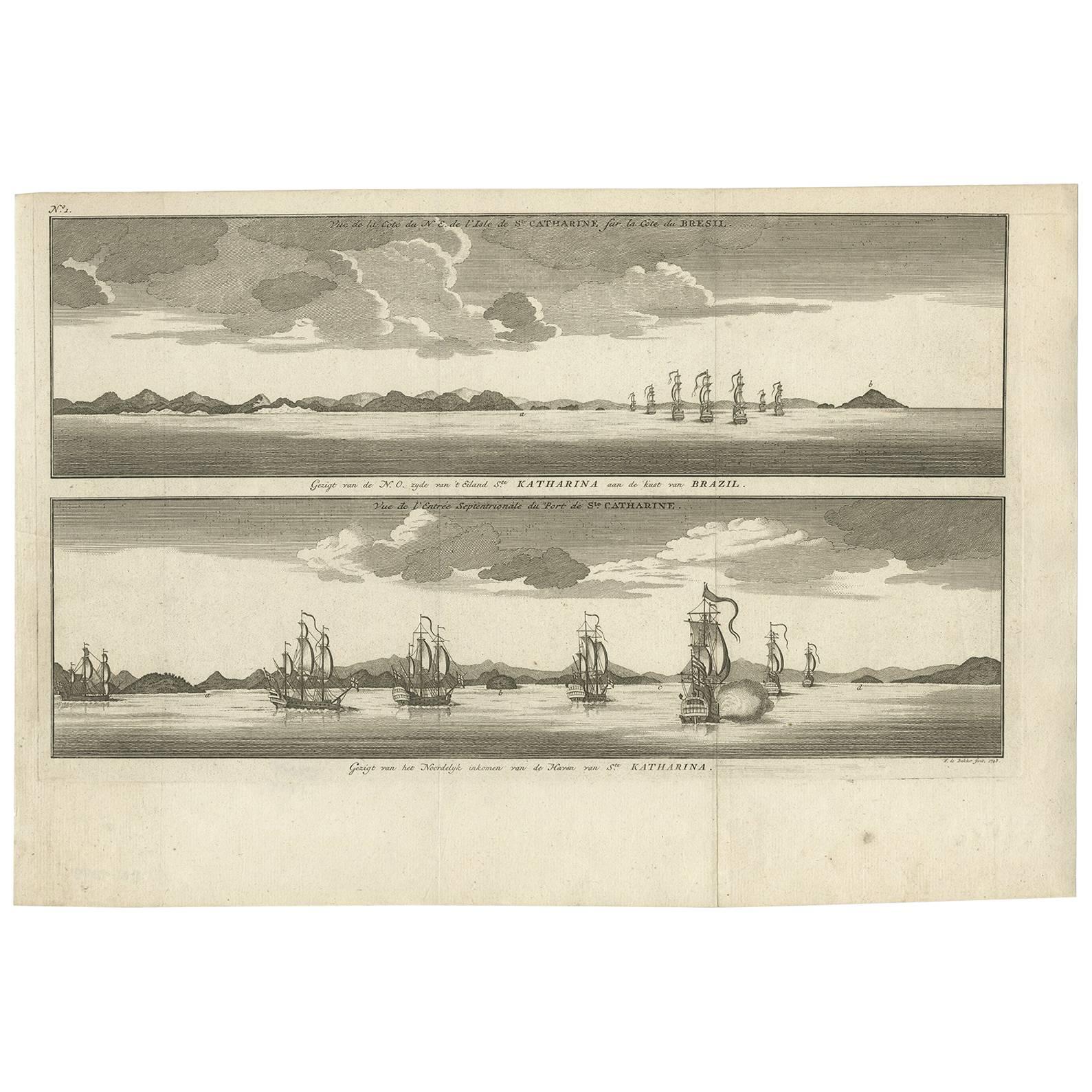 Impression ancienne avec vues de l'île de Santa Catarina par Anson (vers 1760) en vente