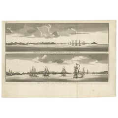 Impression ancienne avec vues de l'île de Santa Catarina par Anson (vers 1760)