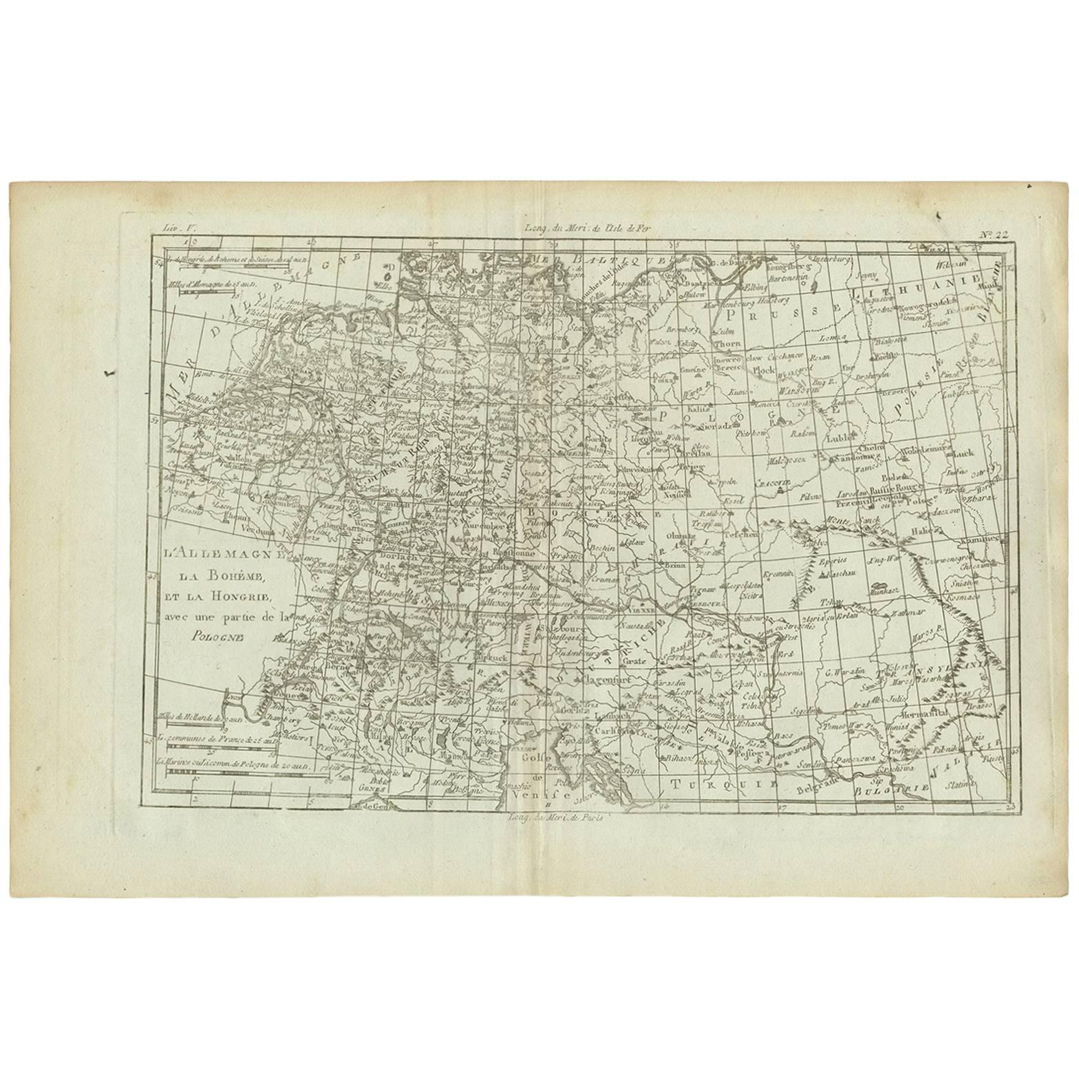 Carte ancienne d'Allemagne, de Bohème, de Hongrie et d'une partie de la Pologne par R. Bonne 1780