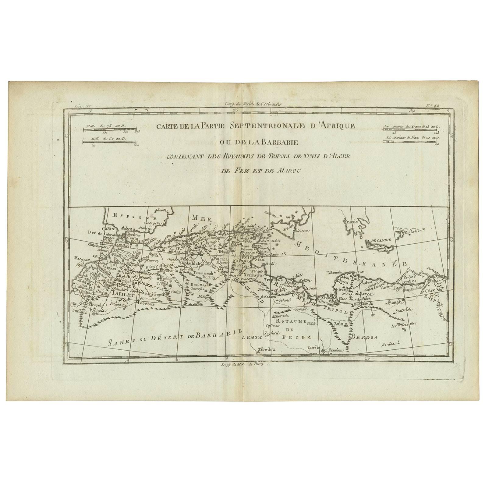 Antique Map of Northern Africa "Barbary Coast" by R. Bonne, circa 1780