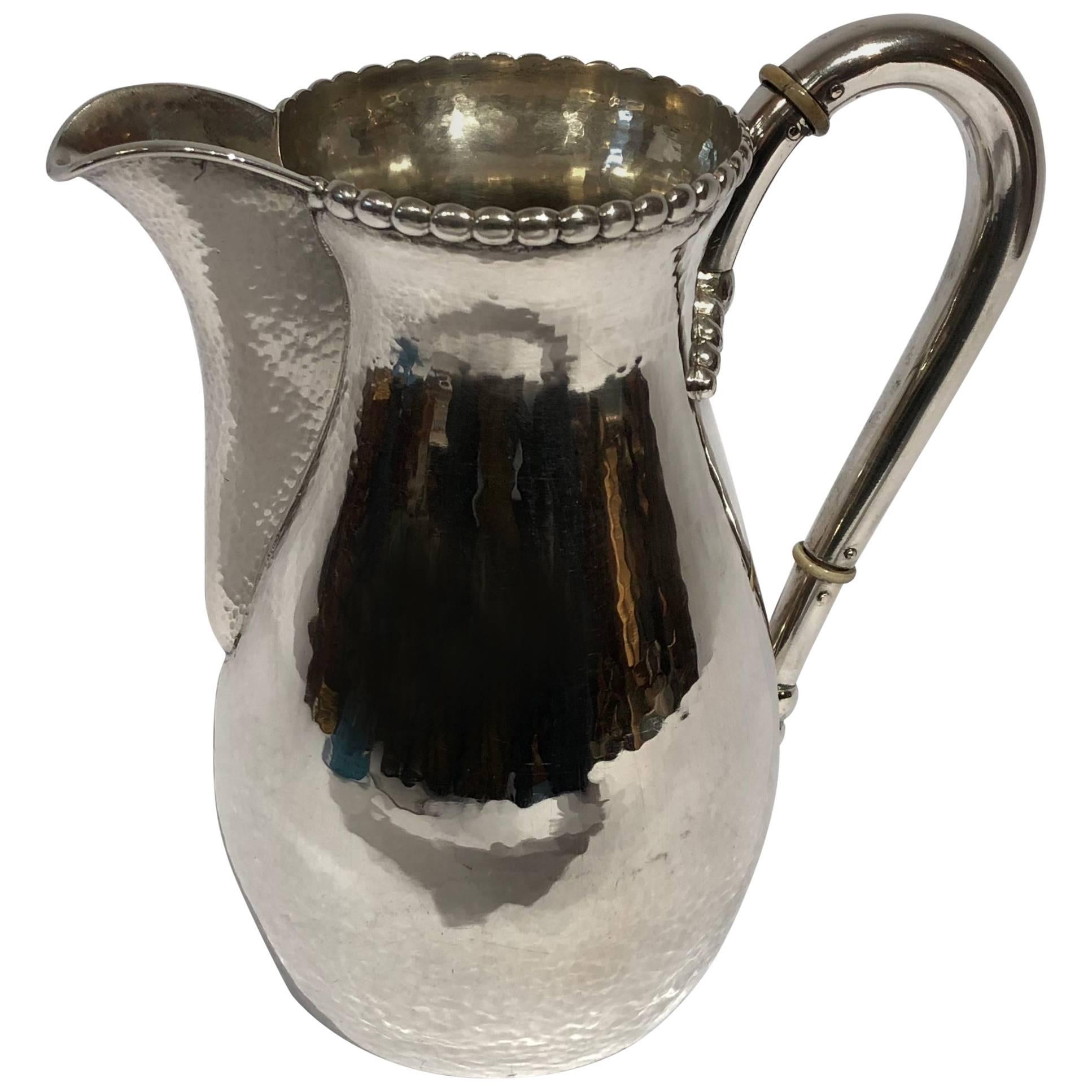 Beautiful Water Jug in Hammered Hallmarked Silver and Simple Pearl Edge