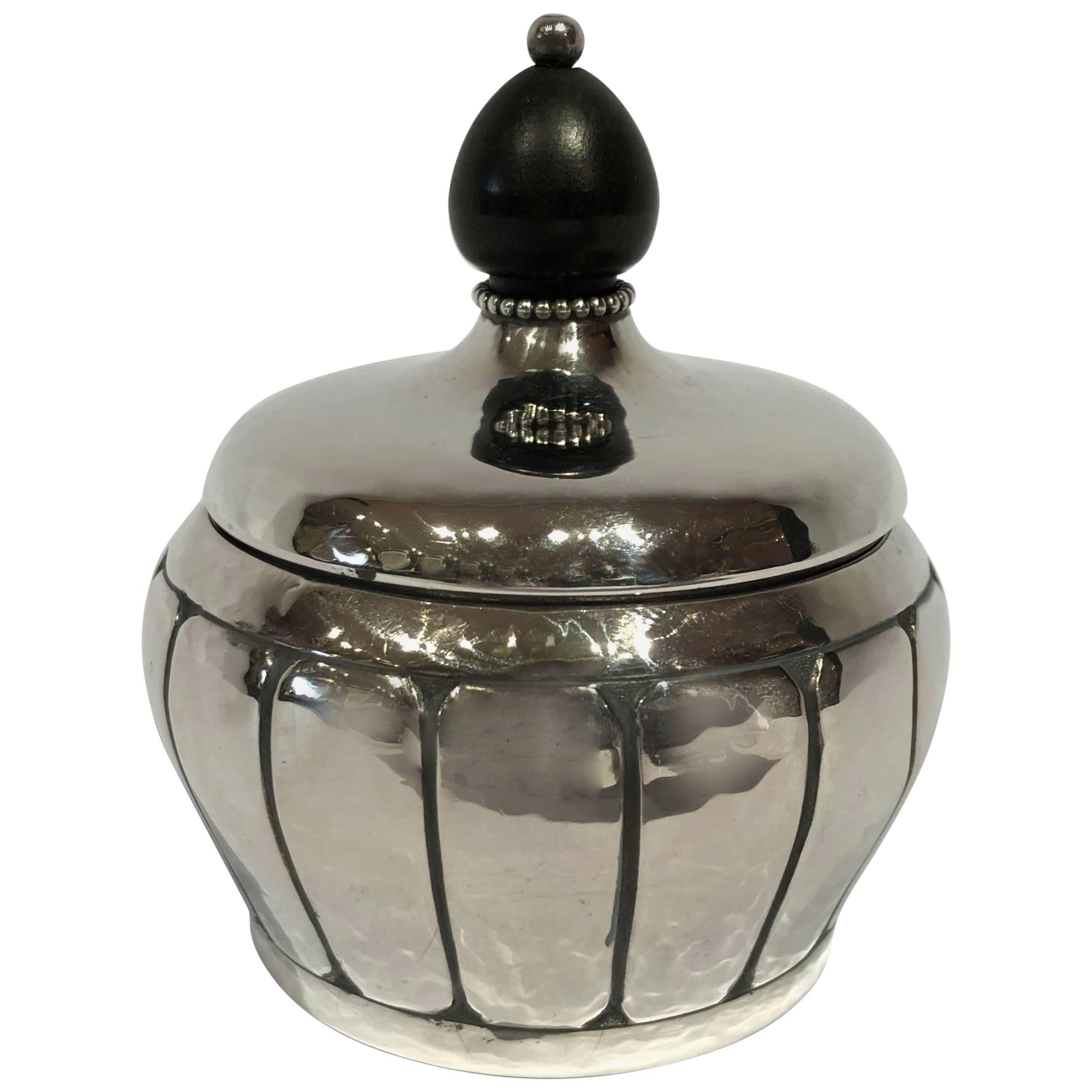 Small Sugar Bowl in Hallmarked Silver with Pearl Edge and Ebony Handle