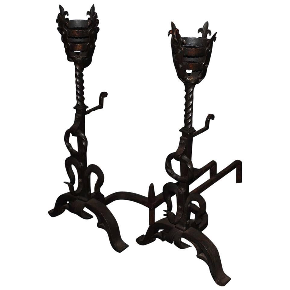 19th Century French Wrought Iron Andirons or Firedogs For Sale
