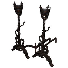 Vintage 19th Century French Wrought Iron Andirons or Firedogs