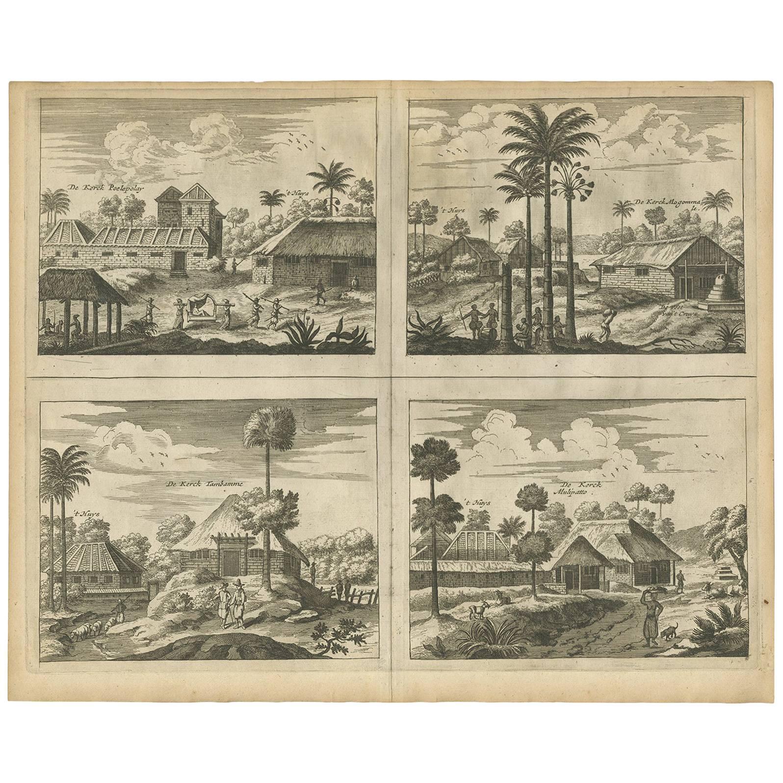 Antique Print of the Churches of Poelepolay, Mogommate, Tambamme and Mulipatto