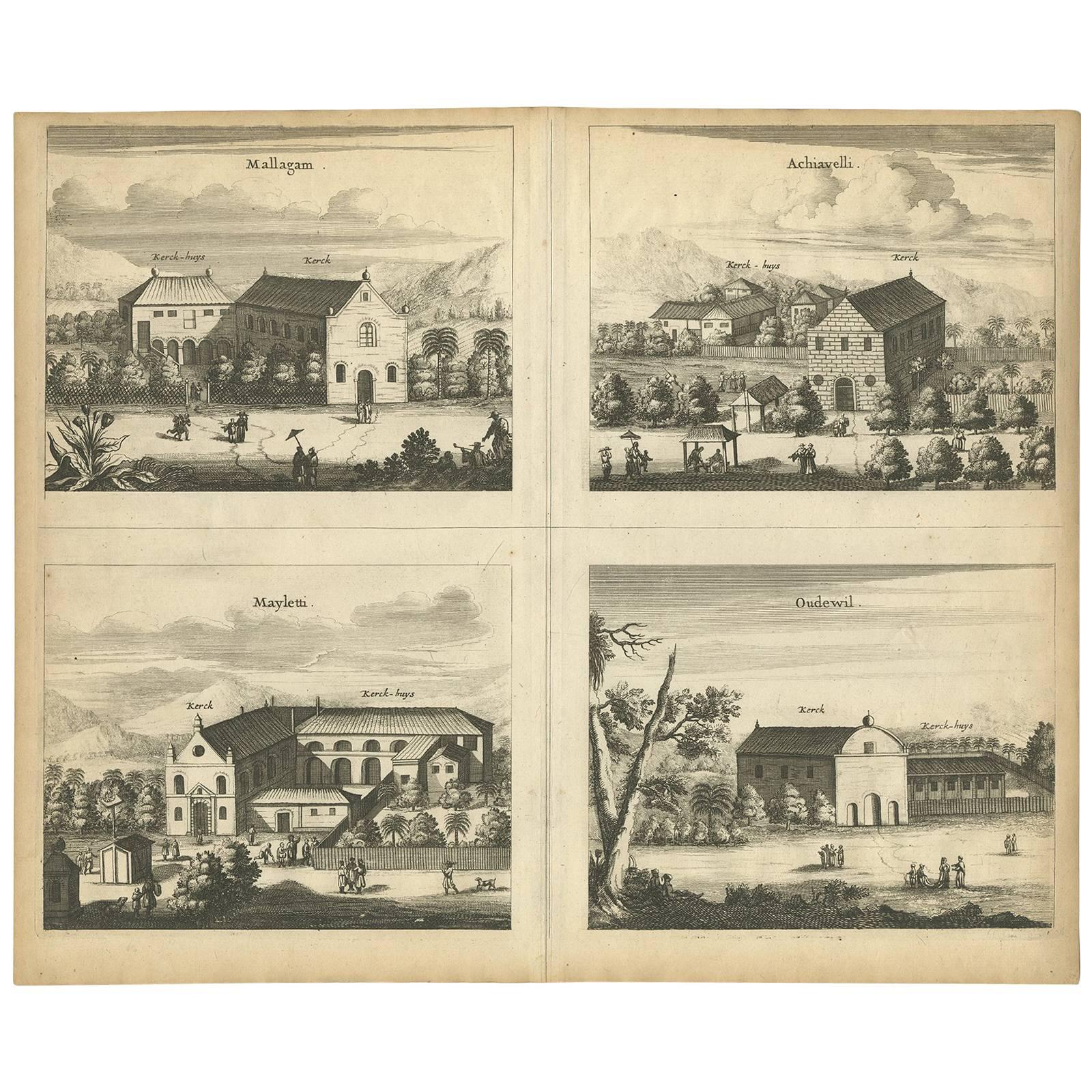 Antique Print of the Churches of Mallagam, Achiavelli, Mayletti and Oudewil For Sale