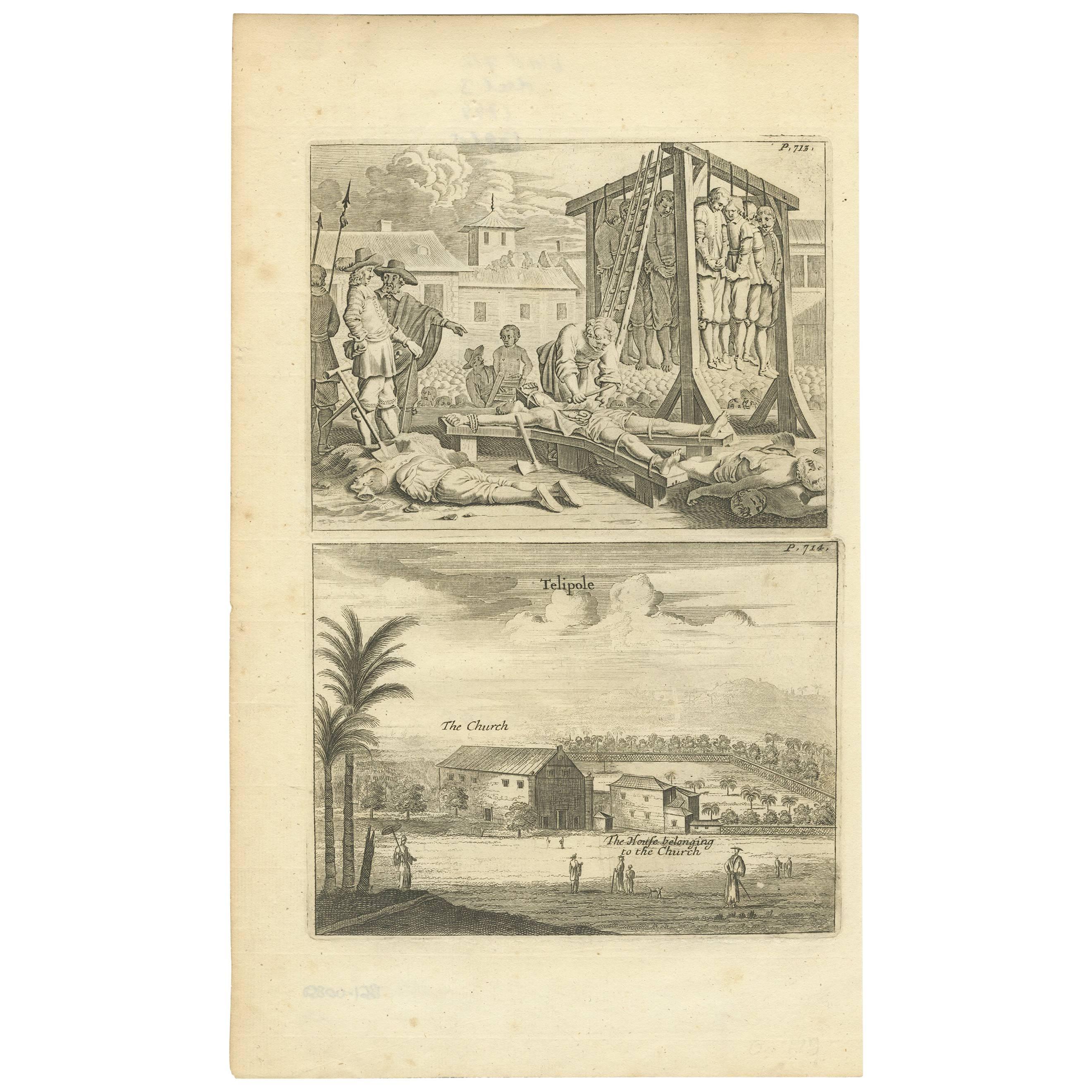Antique Print of Punishment and the Church of Telipole Ceylon, Sri Lanka