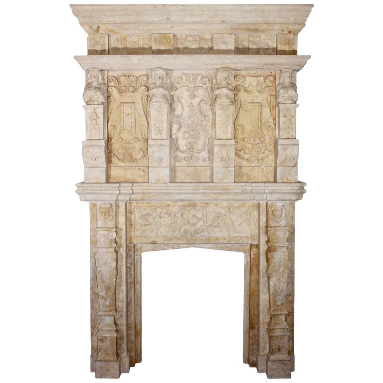 Floral Decorated Sandstone Fireplace With Caryatids And Atlantes
