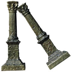 Pair of Large Ormolu Candlesticks Modelled as Corinthian Capital Ruins