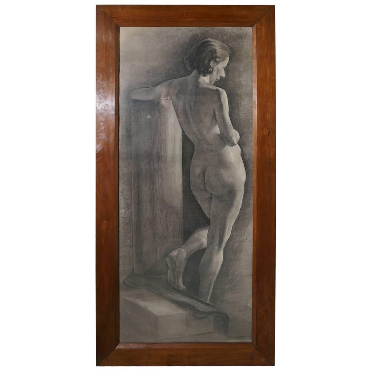 Female Nude a Large Framed Study in Charcoal