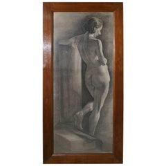 Vintage Female Nude a Large Framed Study in Charcoal