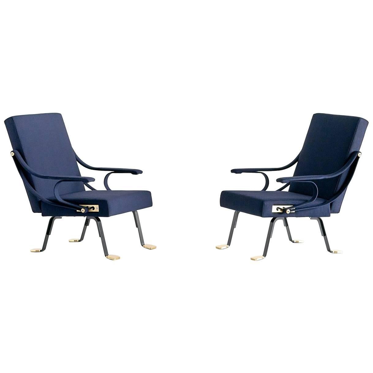 Pair of Ignazio Gardella Digamma Armchairs in Blue Raf Simons Fabric