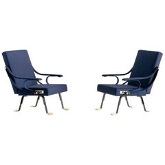 Pair of Ignazio Gardella Digamma Armchairs in Blue Raf Simons Fabric