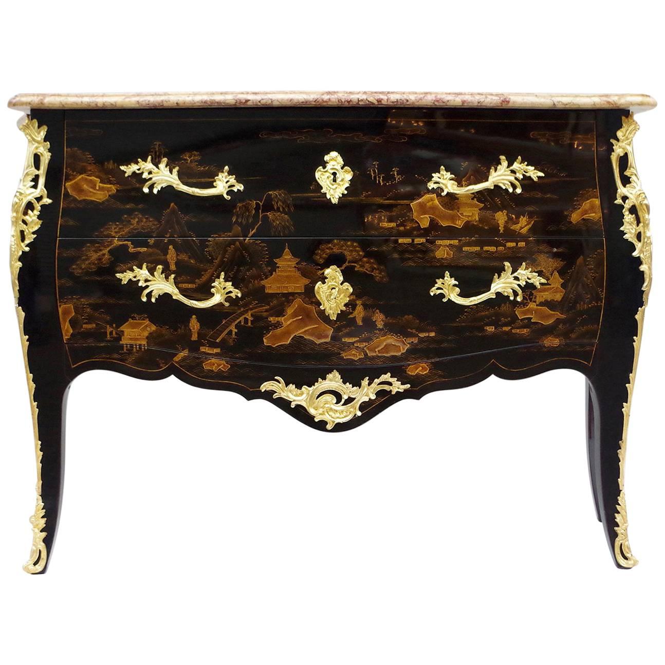 Black Chinese Style Lacquered Louis XV Style Commode, circa 1950