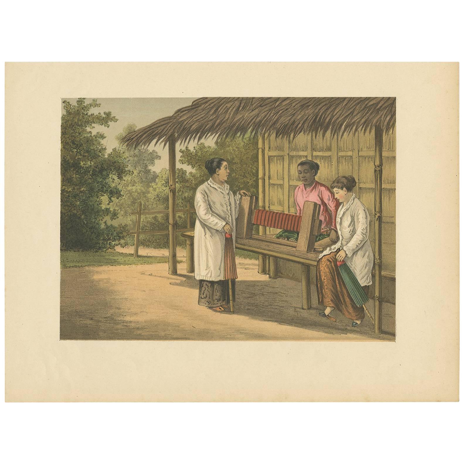 Antique Print of a Native Girl Weaving in Buitenzorg 'Java, Indonesia' For Sale