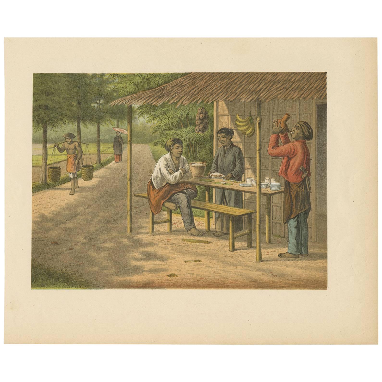 Antique Print of a Warong with Native People, Java, Indonesia For Sale
