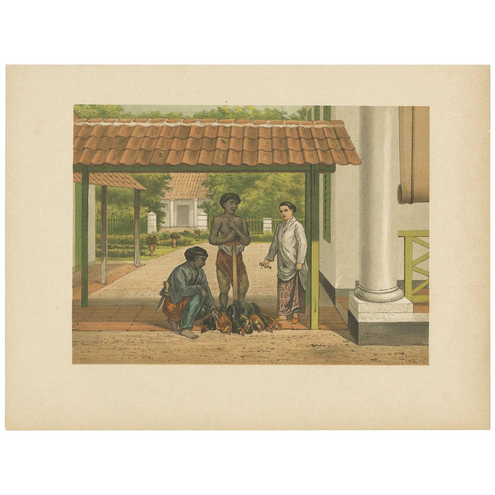 Antique Print of a Native Chicken Salesmen in Batavia 'Java, Indonesia' For Sale