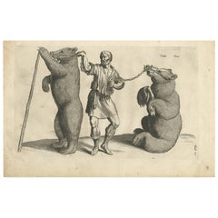 Antique Print of a Man with Two Bears by J. Jonston, 1657