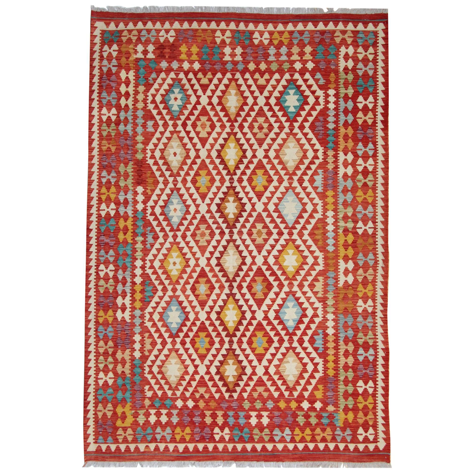Red Handmade Rug Traditional Kilim Rugs, Oriental Rug Geometric Carpet for Sale